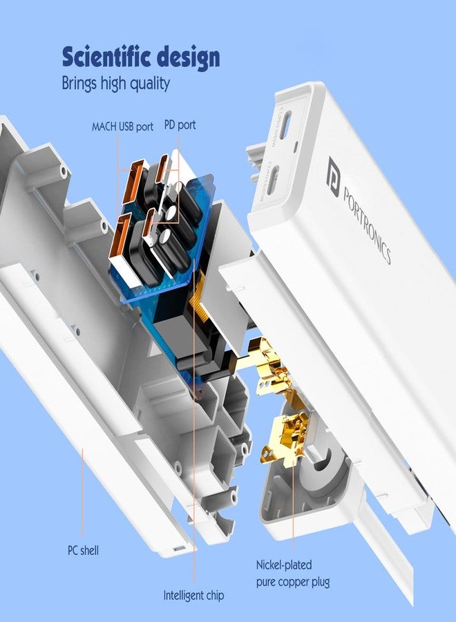 Portronics Adapto Volt 65 65W High Speed 5-in-1 Power Strip with 2 Type C PD Ports, 2 Mach USB Ports and 1 AC Power Socket, Compatible with Laptop,Smartphones, iPhones, Tablet, Power Bank(White) - Image 2